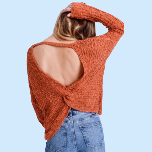 Rustic Orange Open Weave Twist Knot Back V-neck Top - Picture 4 of 12
